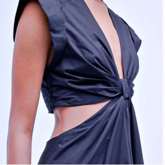 A.L.C. Alexandria Cotton Knotted Front Cut Out Waist Midi Dress Navy $495 - Picture 4 of 9